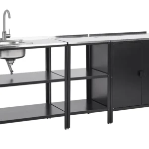 Conjunto de 3 armários com 2 ilhas de cozinha exterior com lavatório em ço preto VILAMA