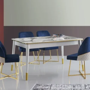 Mesa de jantar extensível Aujon Efeito mármore Branco e Ouro da Coleção Clássica