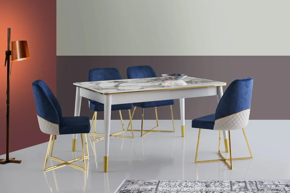 Mesa de jantar extensível Aujon Efeito mármore Branco e Ouro da Coleção Clássica