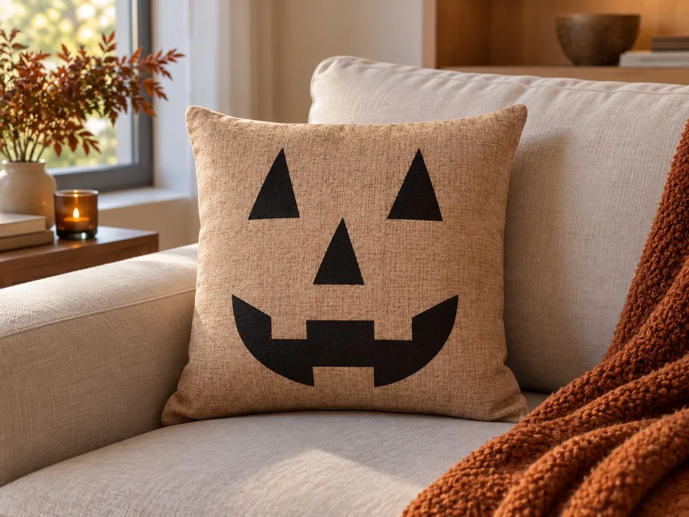 Velvet Cushion Jack-O-Lantern Pattern 45 x 45 cm Beige SEBES