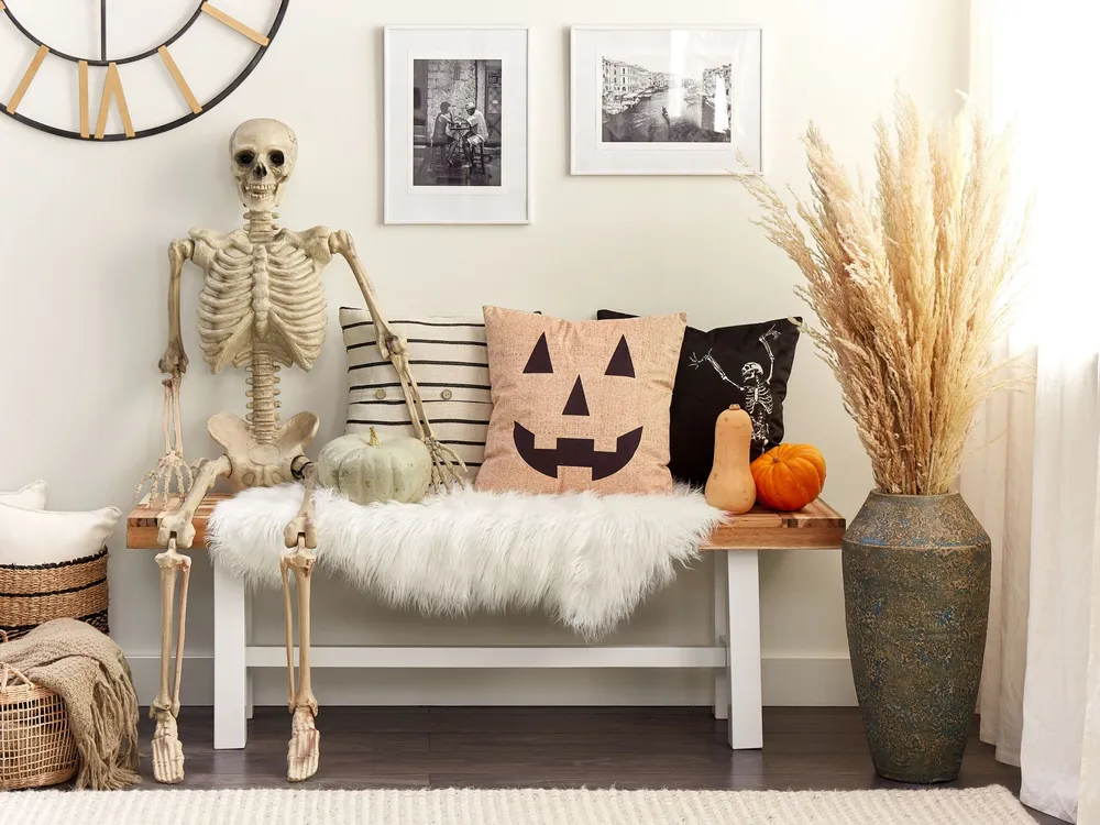 Velvet Cushion Jack-O-Lantern Pattern 45 x 45 cm Beige SEBES