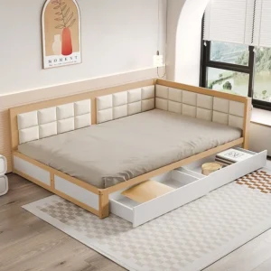 Cama estofada 140 x 200 cm com 2 gavetas e encosto fofo, sofá cama - pinho + MDF - natural + branco (sem colchão)
