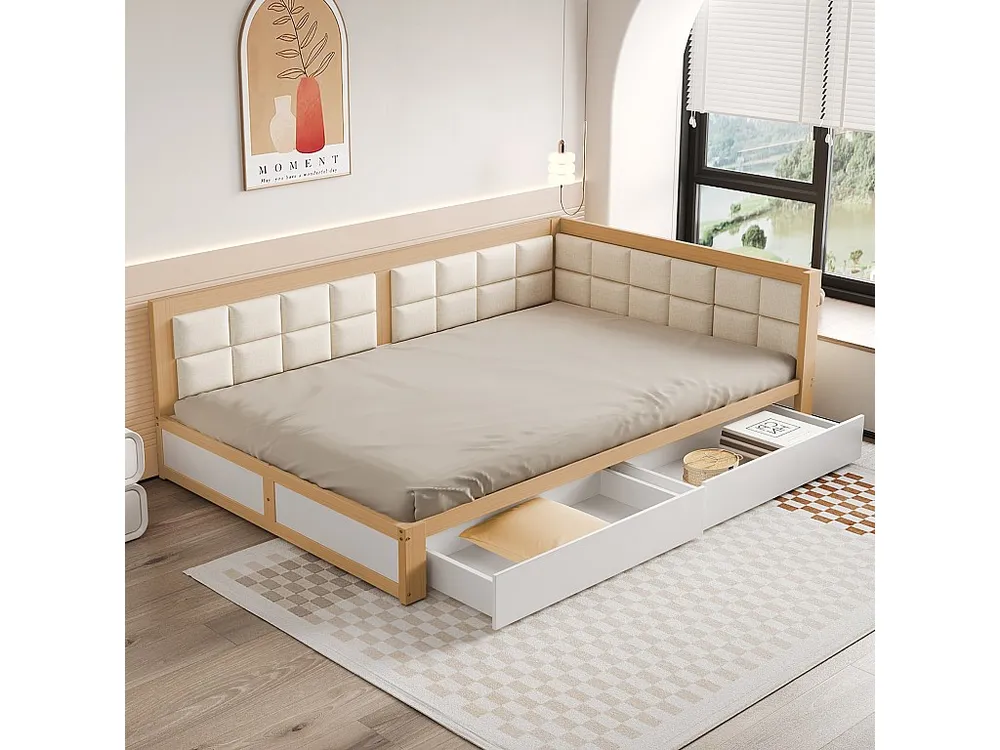 Cama estofada 140 x 200 cm com 2 gavetas e encosto fofo, sofá cama - pinho + MDF - natural + branco (sem colchão)
