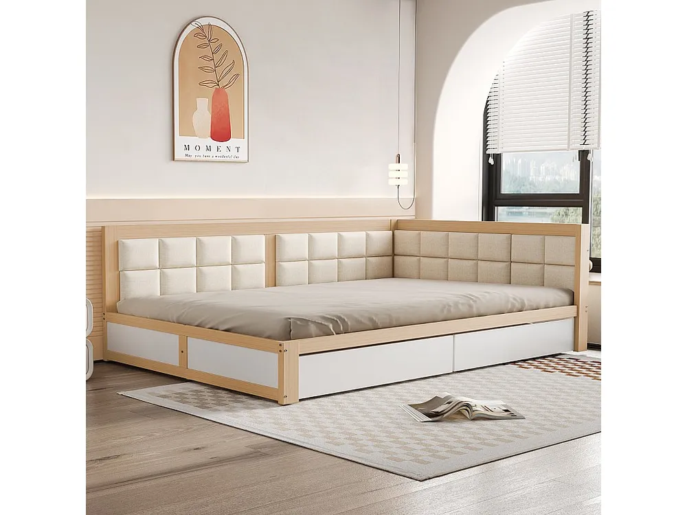 Cama estofada 140 x 200 cm com 2 gavetas e encosto fofo, sofá cama - pinho + MDF - natural + branco (sem colchão)