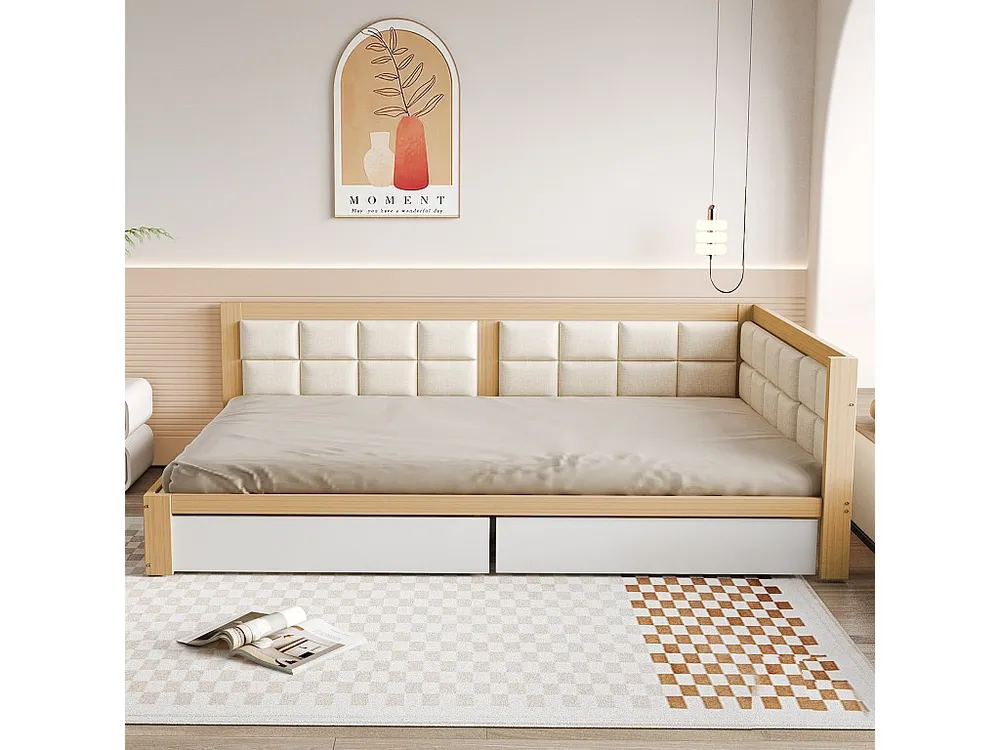 Cama estofada 140 x 200 cm com 2 gavetas e encosto fofo, sofá cama - pinho + MDF - natural + branco (sem colchão)