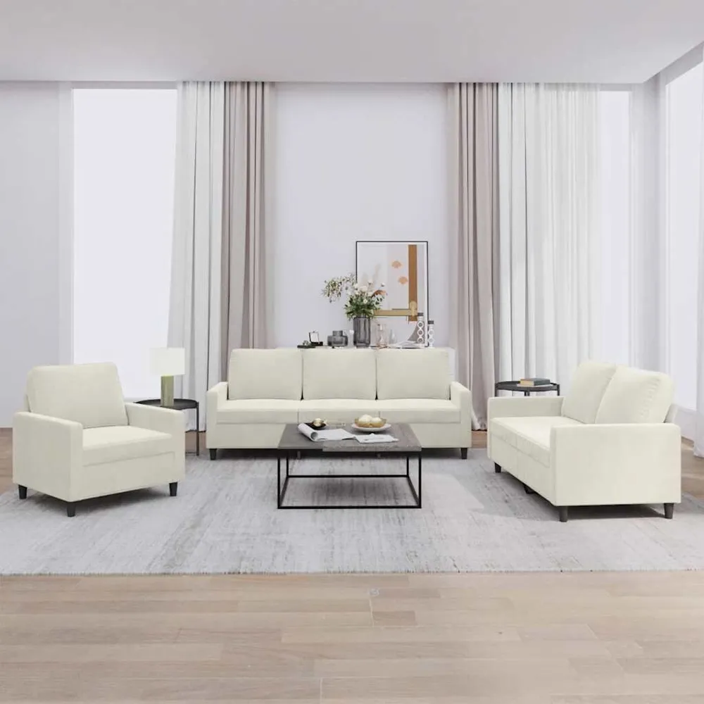 3 pcs conjunto de sofás com almofadões veludo cor creme para Sofá