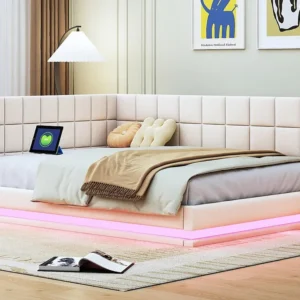 Premium Luxo Sofá-cama estofado em veludo 140x200cm - com LED e tomada USB - Bege