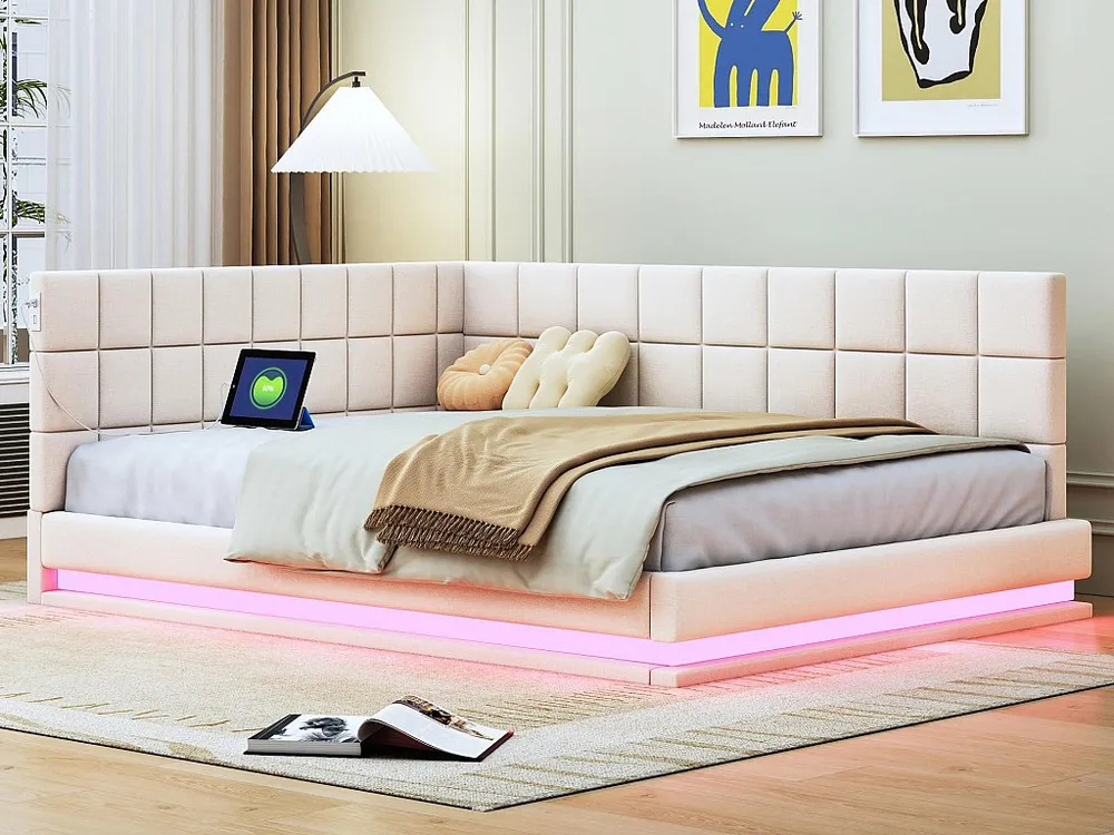 Premium Luxo Sofá-cama estofado em veludo 140x200cm - com LED e tomada USB - Bege