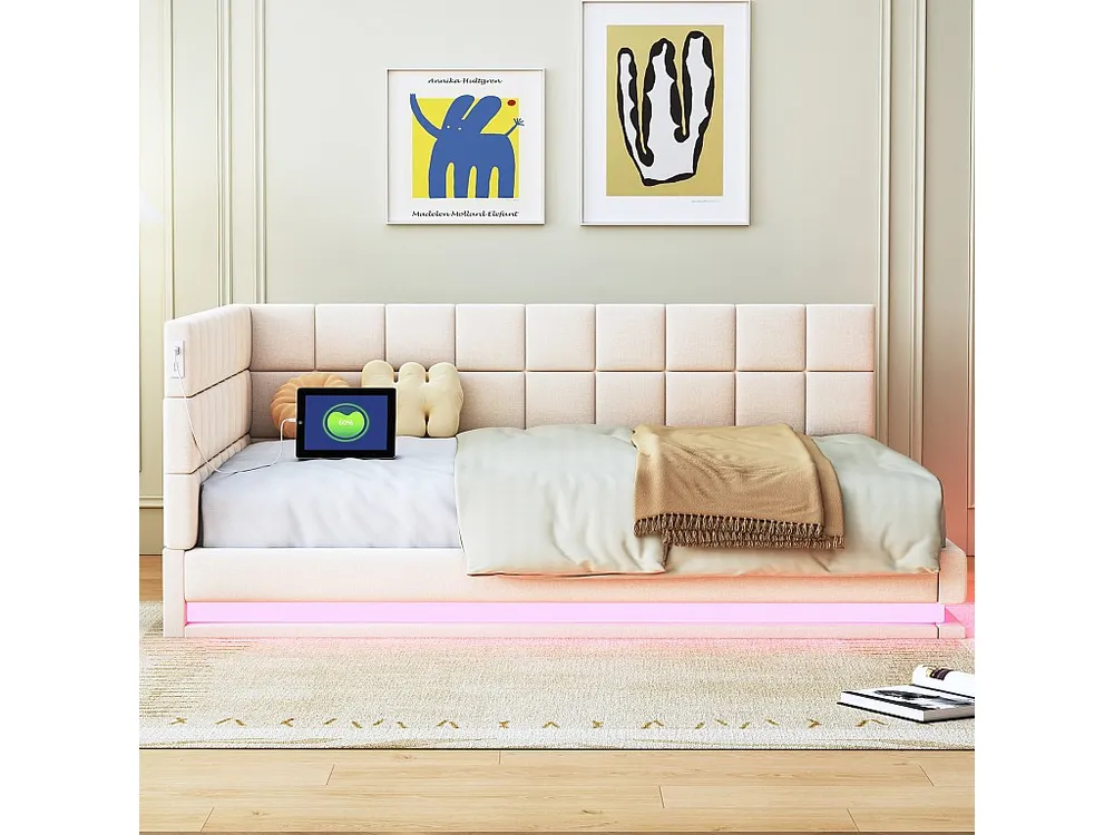 Premium Luxo Sofá-cama estofado em veludo 140x200cm - com LED e tomada USB - Bege