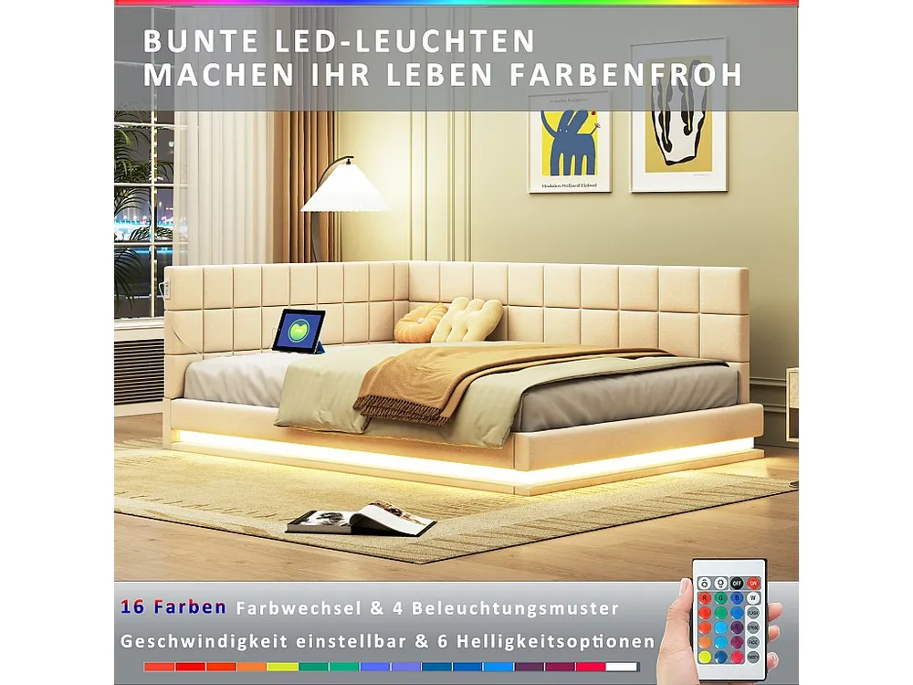Premium Luxo Sofá-cama estofado em veludo 140x200cm - com LED e tomada USB - Bege