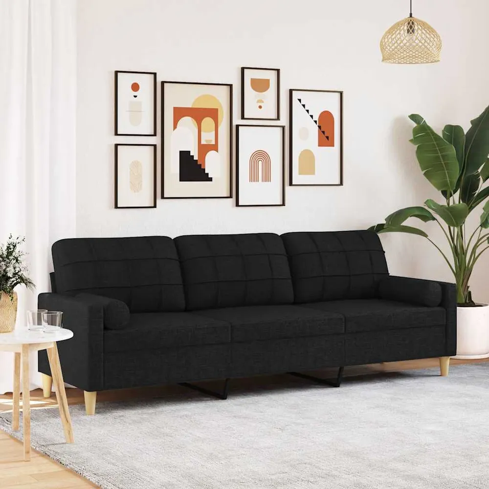 Sofá 3 lugares com almofadas decorativas 210 cm tecido preto Estampada
