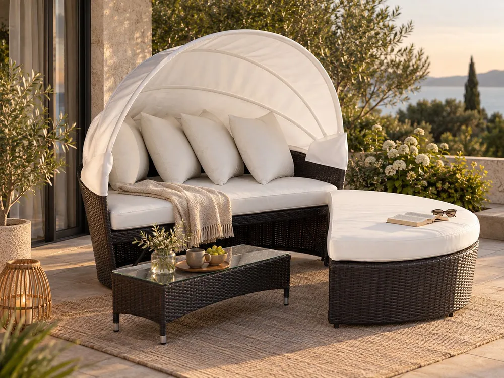 PE Rattan Garden Daybed Coffee Table Marrom SYLT LUX