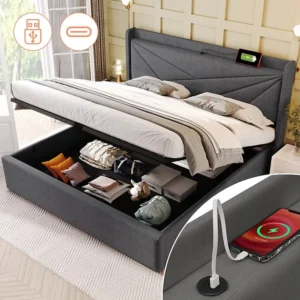 Cama de armazenamento 160 x 200 cm com cabeceira - USB + tipo C - tecido de linho - cinza para Roupas de Inverno