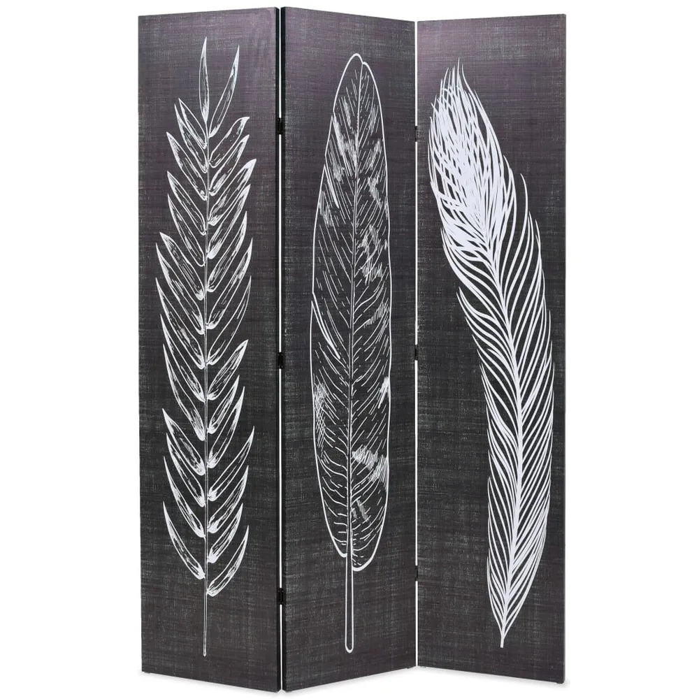 Biombo dobrável com estampa de penas 120x170 cm preto e branco com Pés Ajustáveis