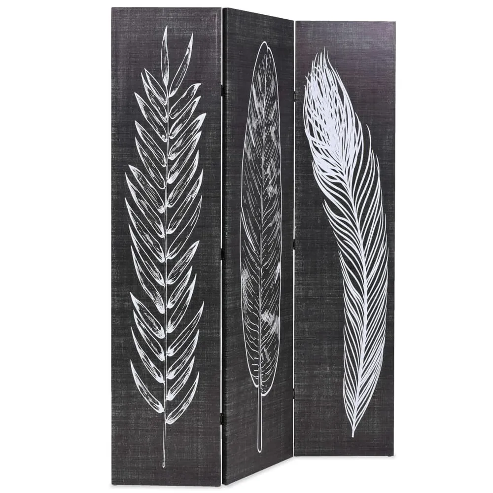Biombo dobrável com estampa de penas 120x170 cm preto e branco com Pés Ajustáveis