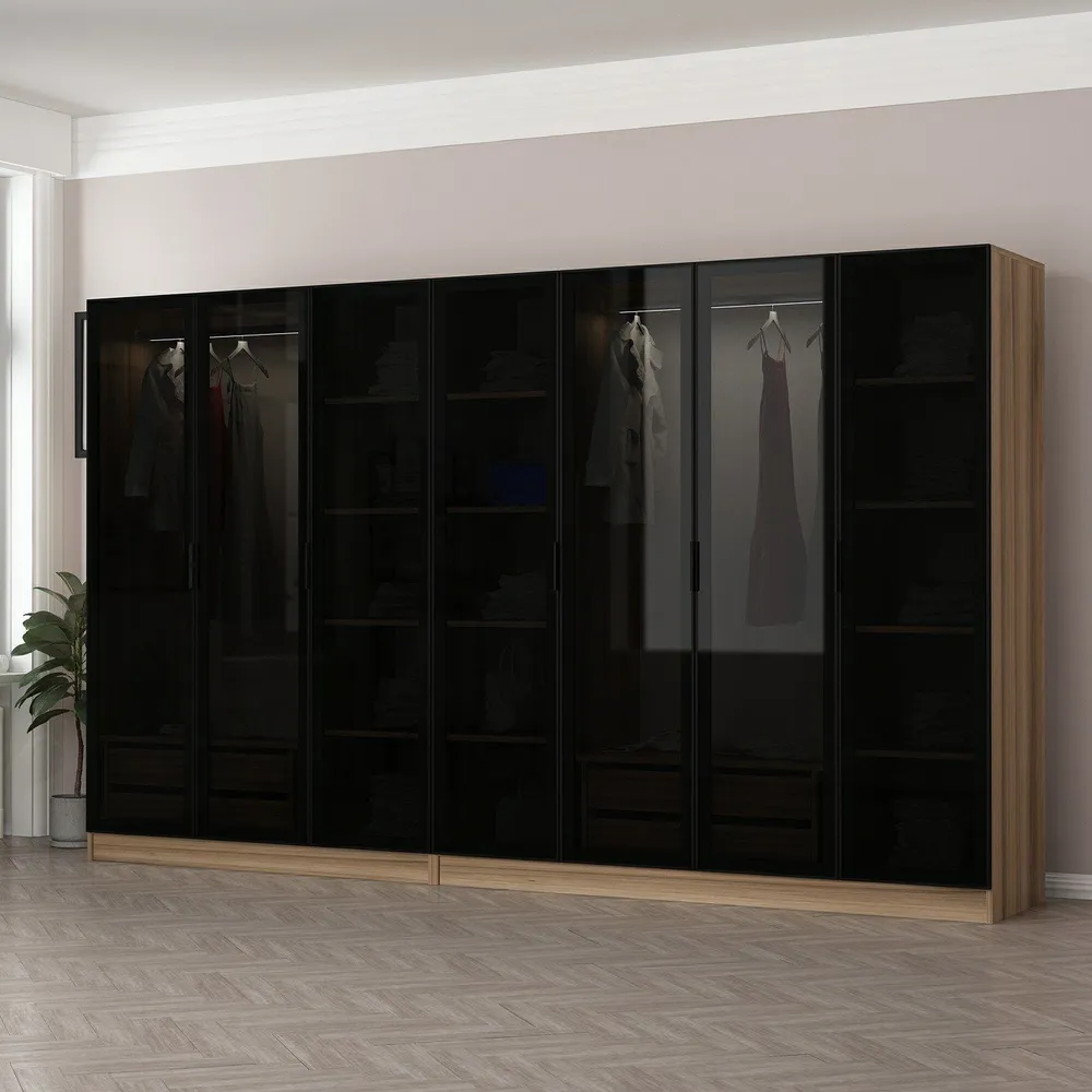 Guarda-roupa 7 portas Vidro fumê Preto Antipaxos L315xH210cm 2 varões e 4 gavetas Madeira clara