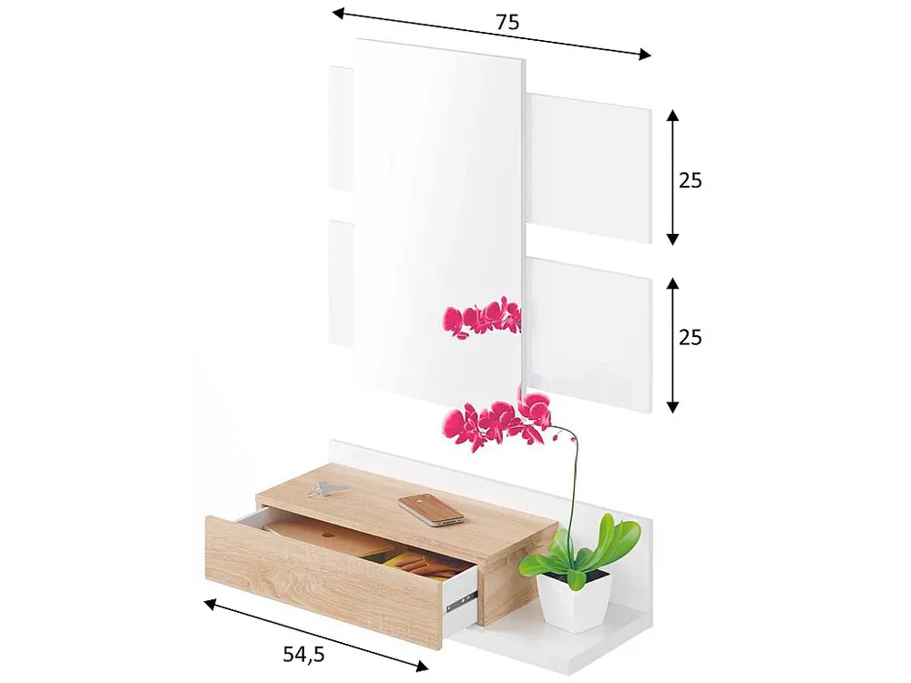 Hall Telma 1 gaveta e Espelho Cor Branco/Carvalho Compatível com Sistema de Armários IKEA PAX