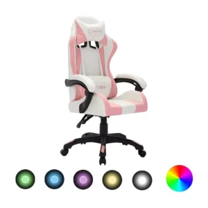 Cadeira estilo corrida com luzes LED RGB couro artif. rosa/preto