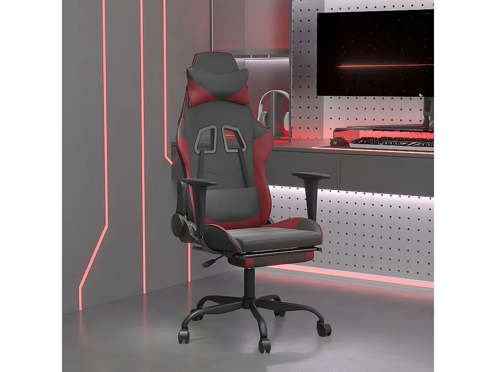 Cadeira gaming +apoio pés couro artificial preto/vermelho tinto