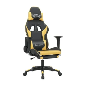 Cadeira gaming com apoio pés couro artificial preto e dourado
