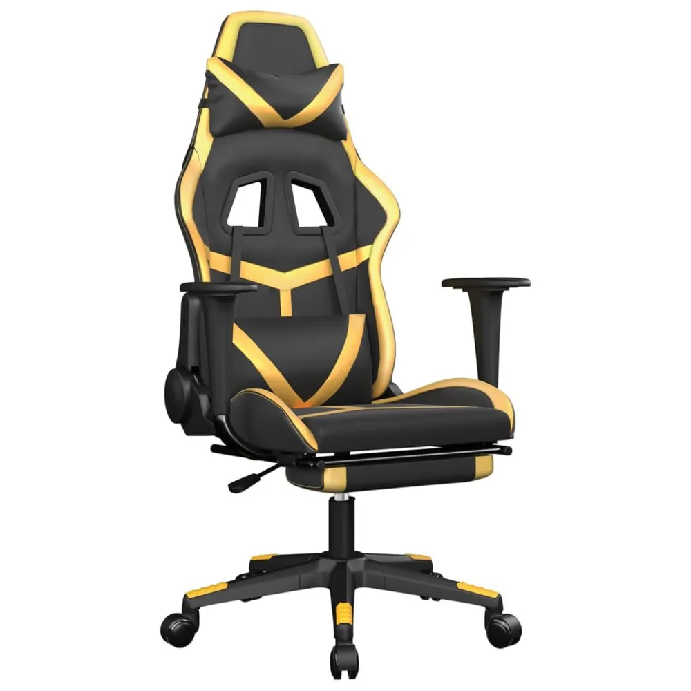 Cadeira gaming com apoio pés couro artificial preto e dourado