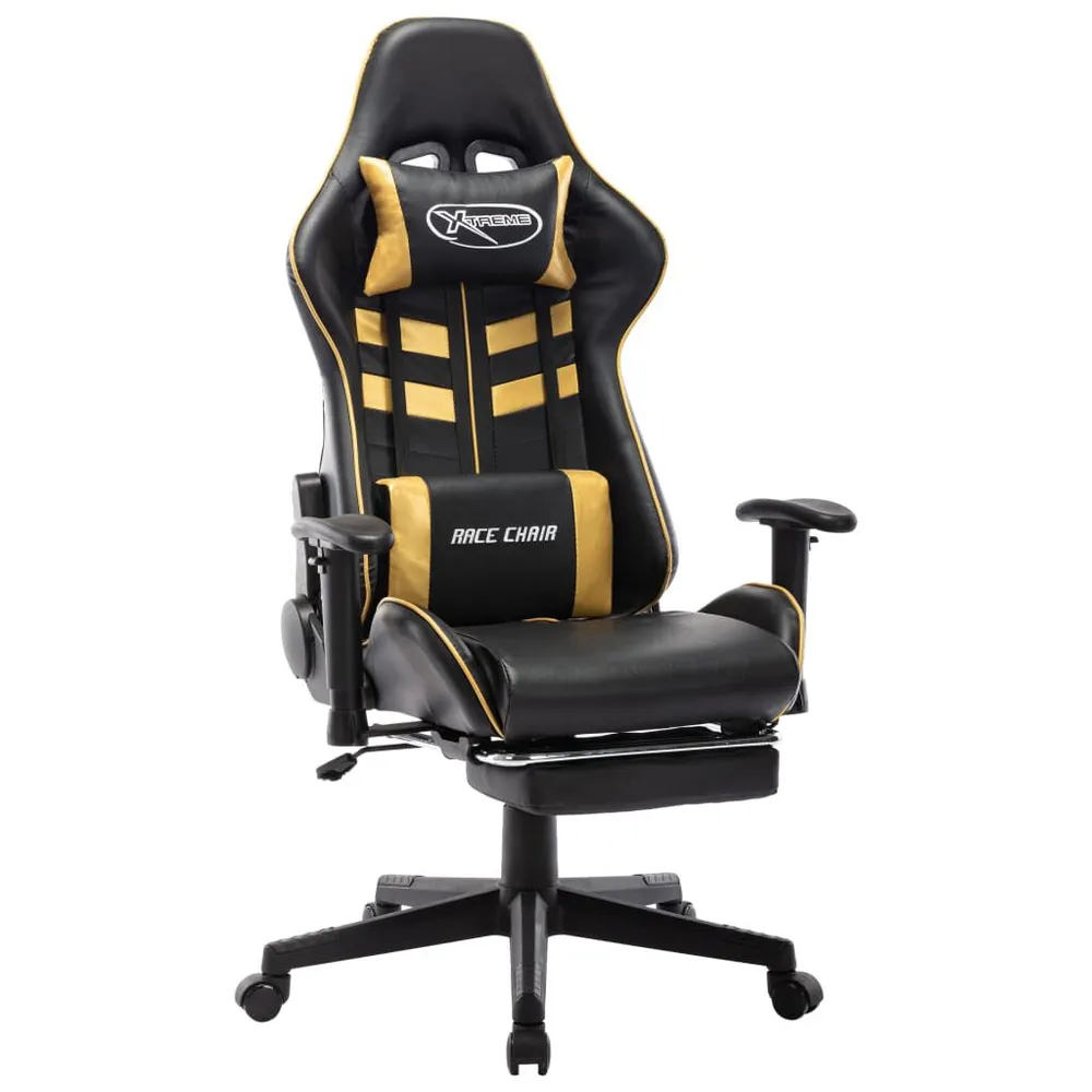 Cadeira gaming com apoio de pés couro artificial preto/dourado