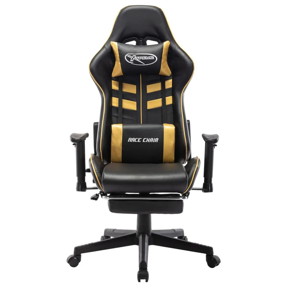 Cadeira gaming com apoio de pés couro artificial preto/dourado