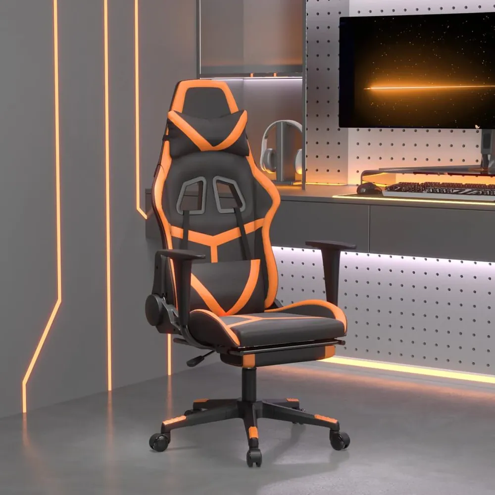Cadeira gaming com apoio para pés couro artificial preto e laranja