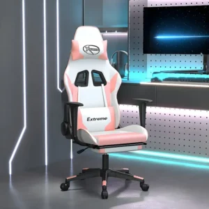 Cadeira gaming com apoio para pés couro artificial branco e rosa