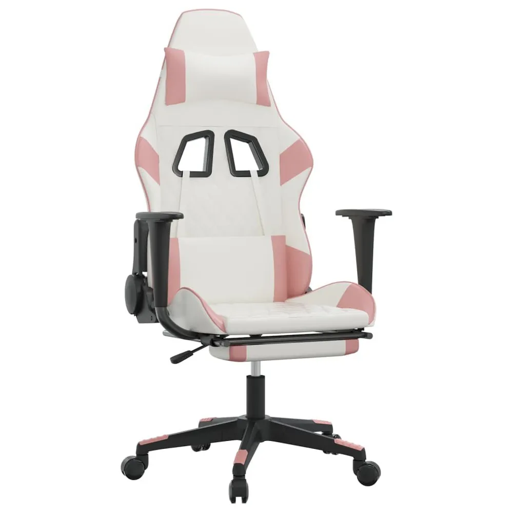 Cadeira gaming com apoio para pés couro artificial branco e rosa