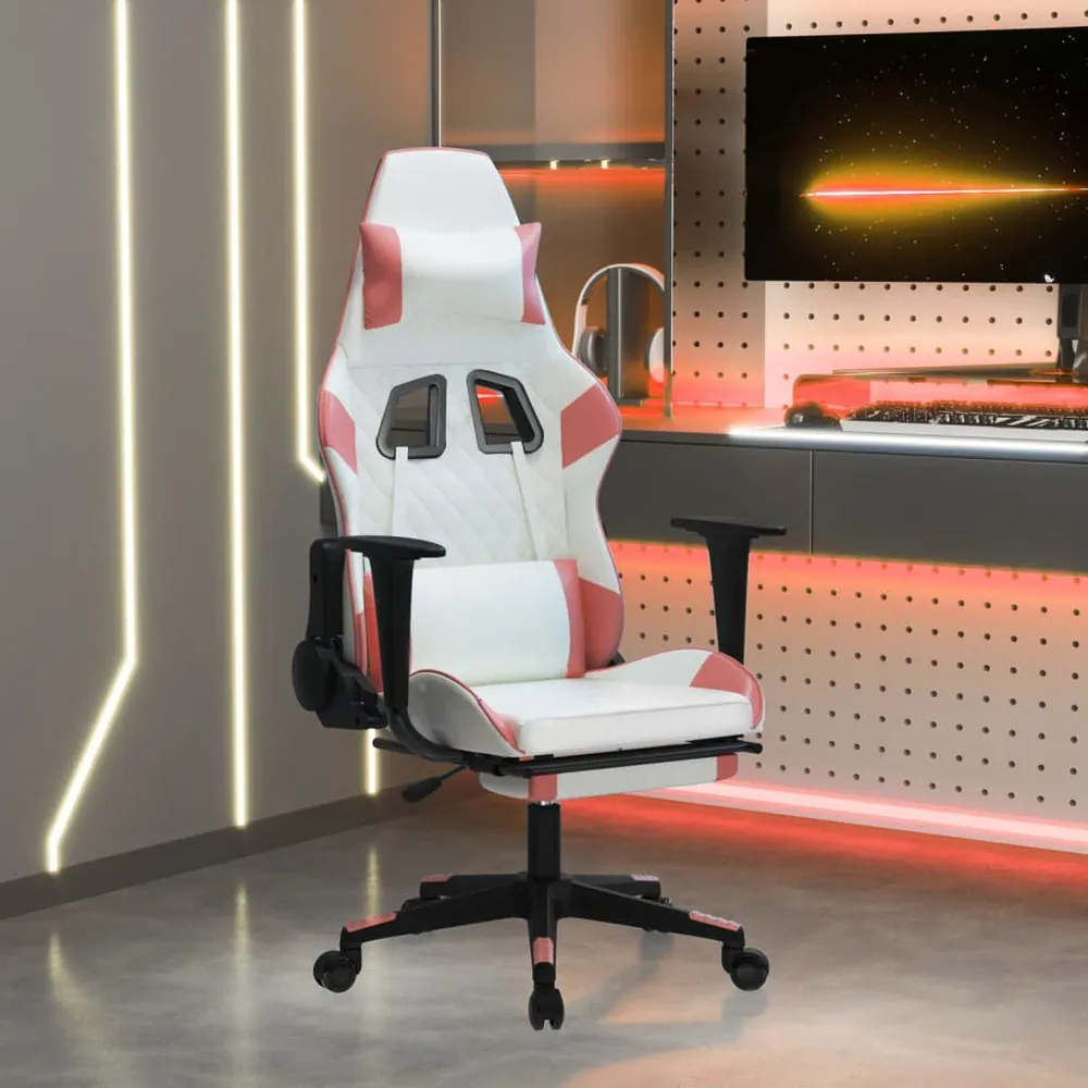 Cadeira gaming com apoio para pés couro artificial branco e rosa