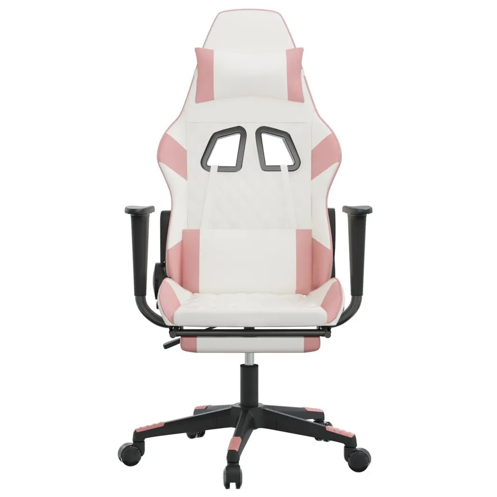 Cadeira gaming com apoio para pés couro artificial branco e rosa