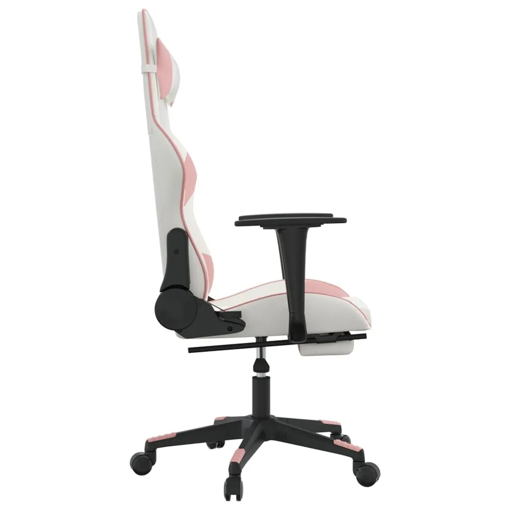 Cadeira gaming com apoio para pés couro artificial branco e rosa