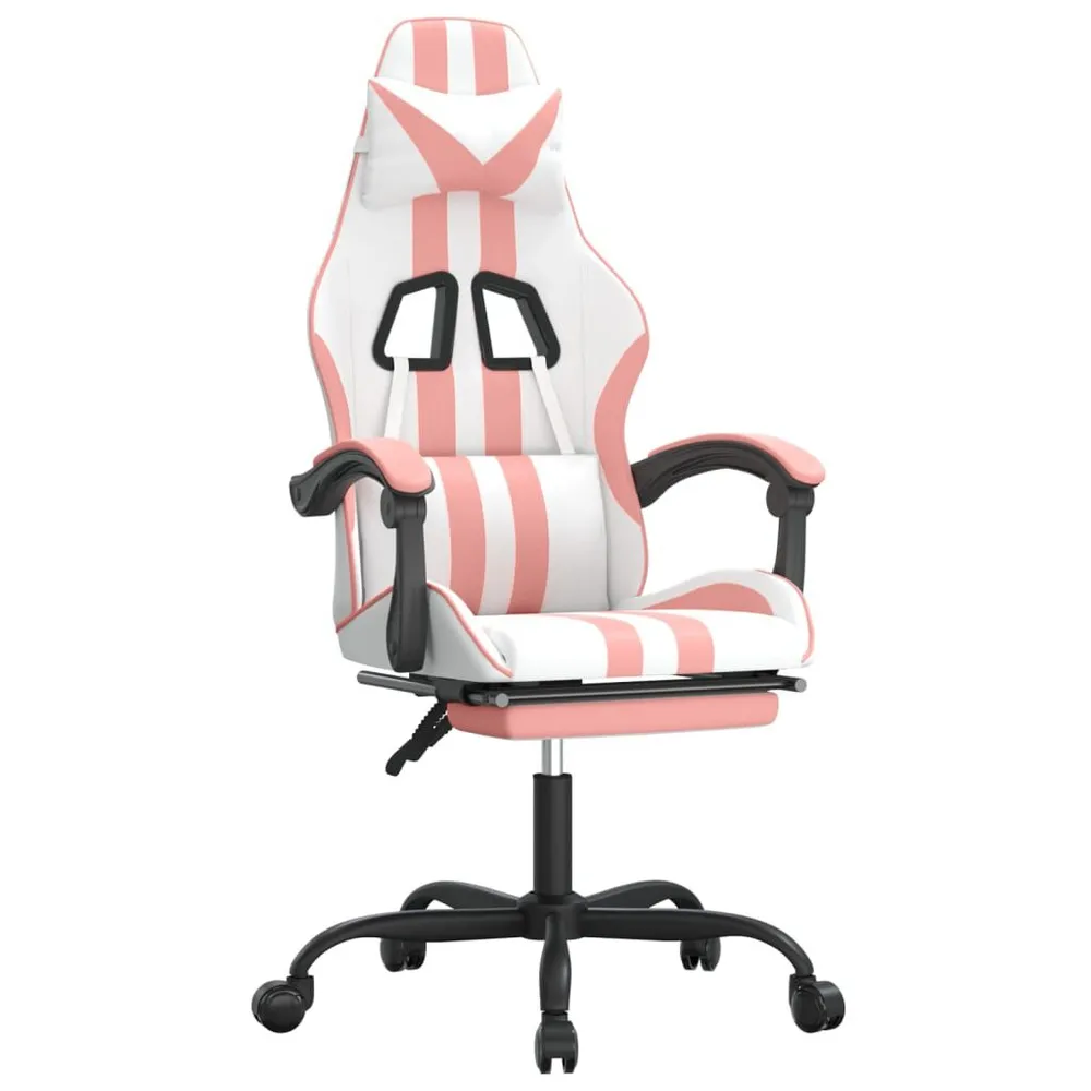 Cadeira gaming com apoio para pés couro artificial branco e rosa
