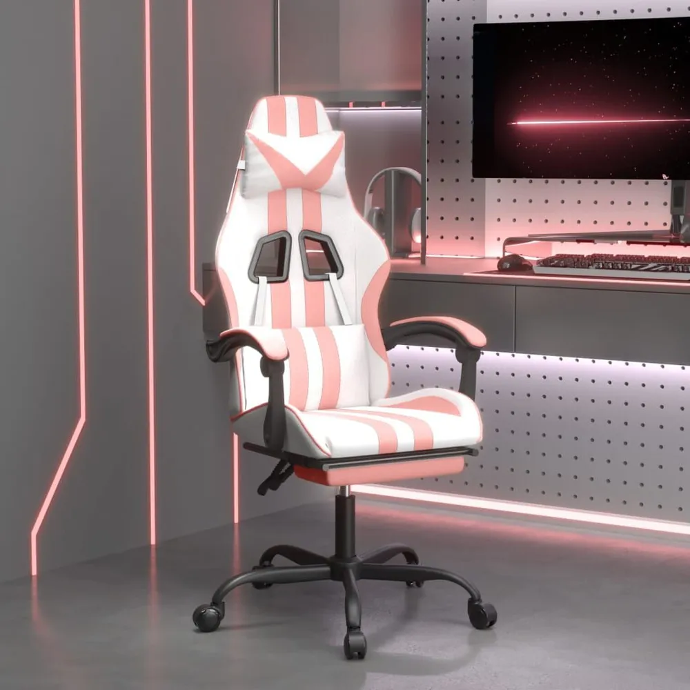 Cadeira gaming com apoio para pés couro artificial branco e rosa