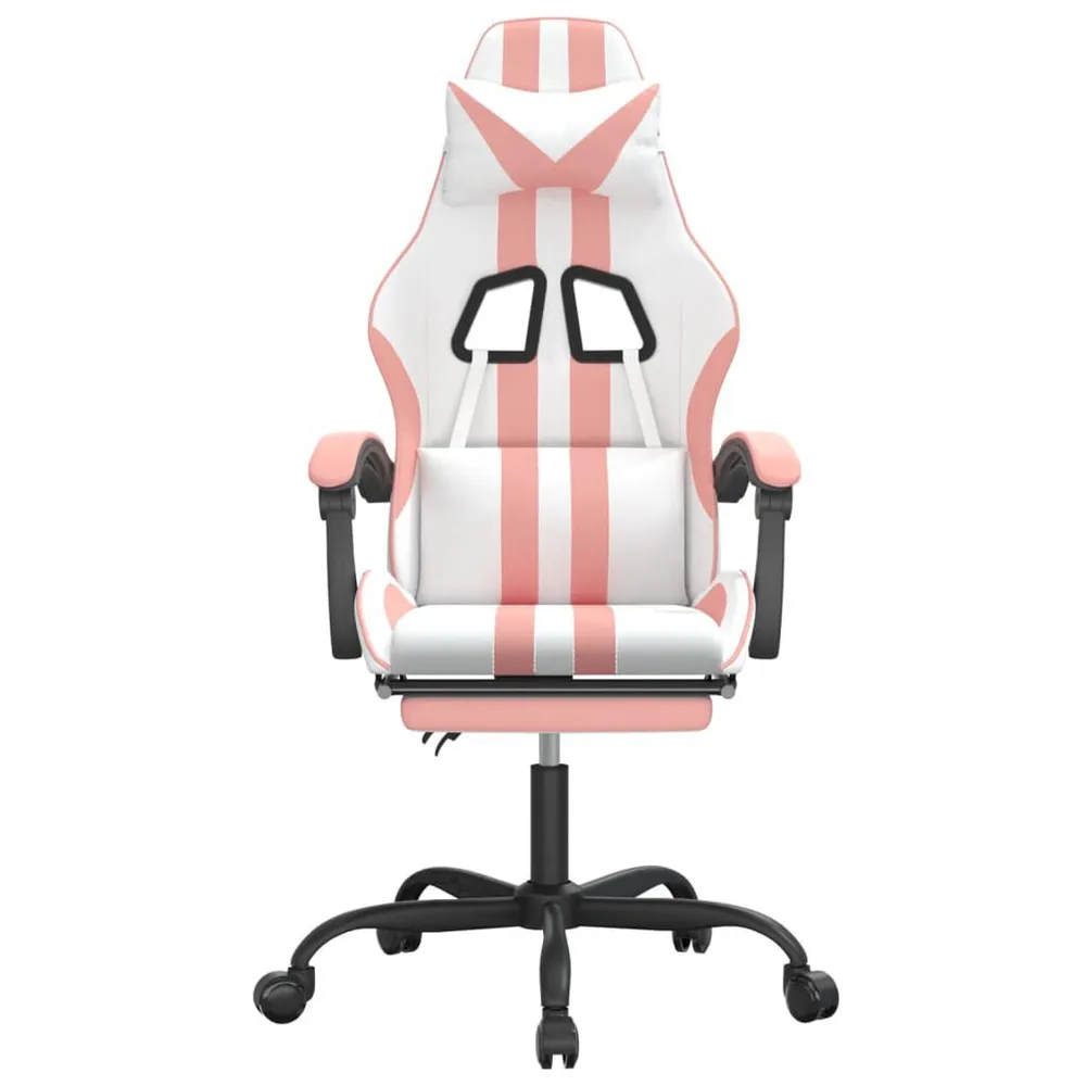 Cadeira gaming com apoio para pés couro artificial branco e rosa