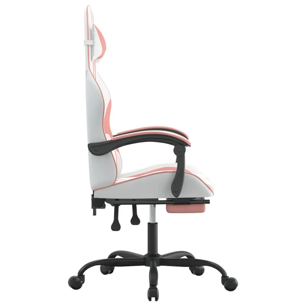 Cadeira gaming com apoio para pés couro artificial branco e rosa