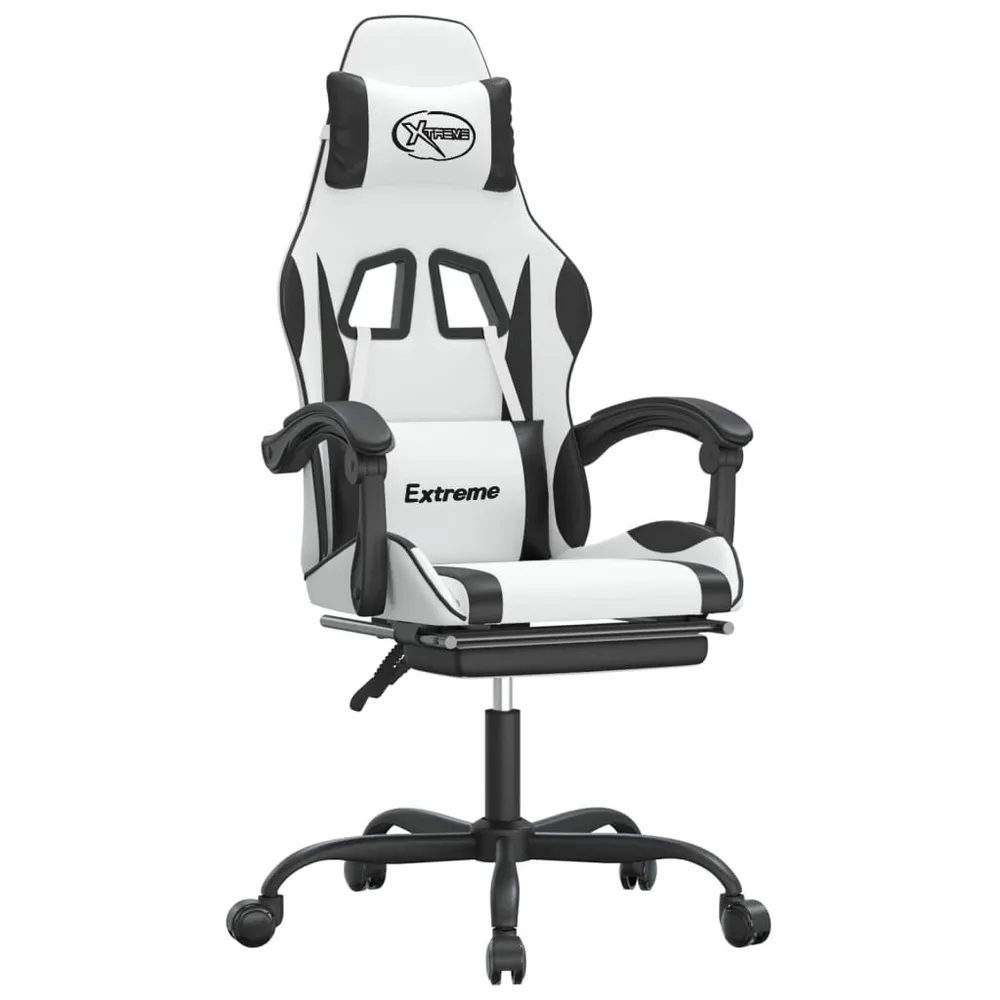 Cadeira gaming com apoio para pés couro artificial preto e branco