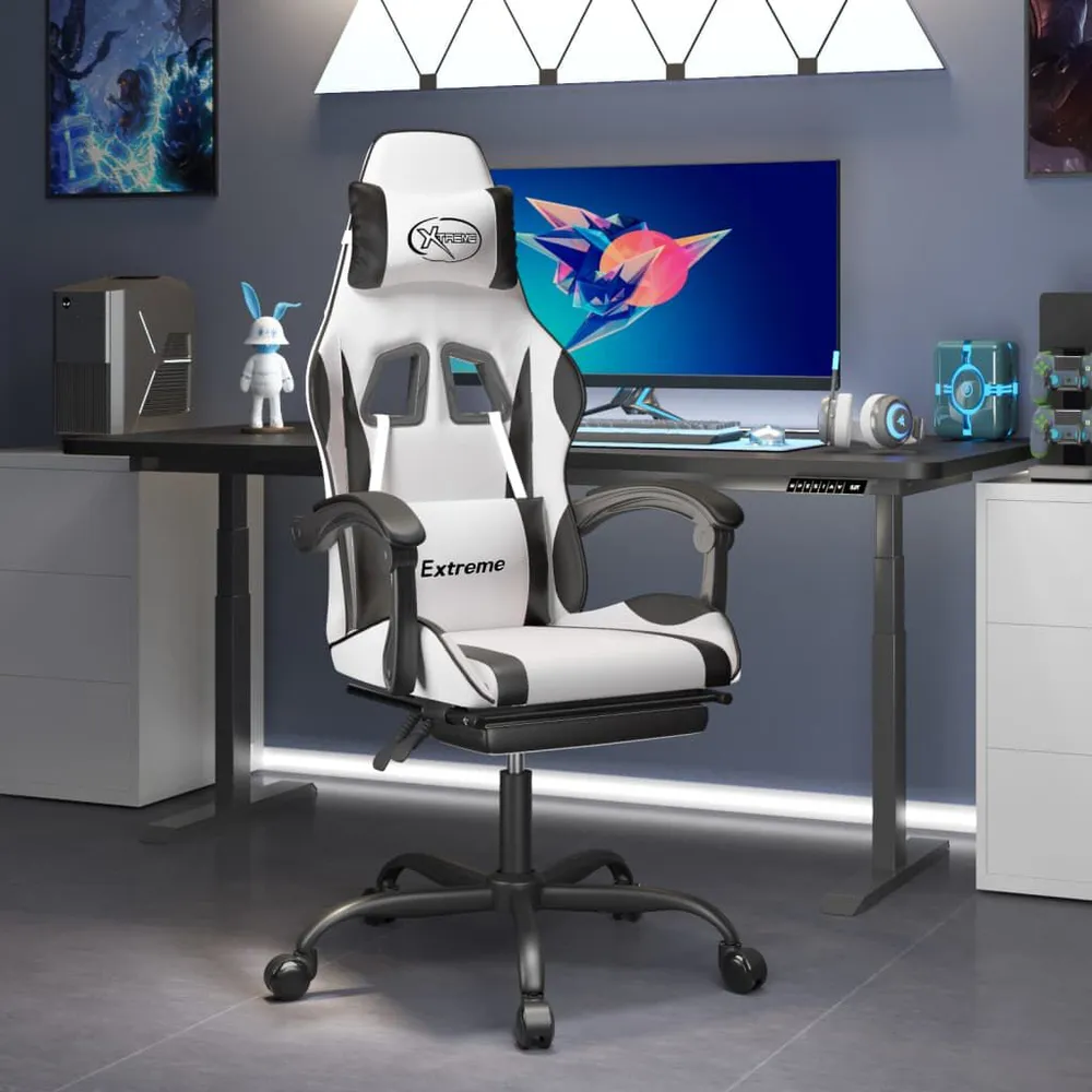 Cadeira gaming com apoio para pés couro artificial preto e branco