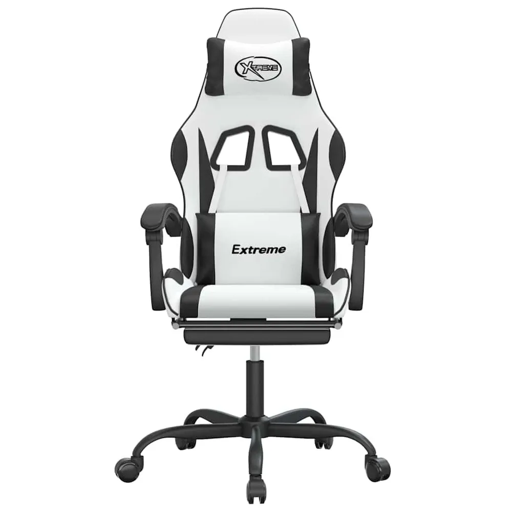 Cadeira gaming com apoio para pés couro artificial preto e branco