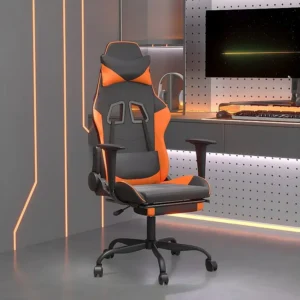 Cadeira gaming com apoio para pés couro artificial preto e laranja