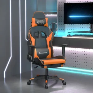 Cadeira gaming com apoio para pés couro artificial preto e laranja