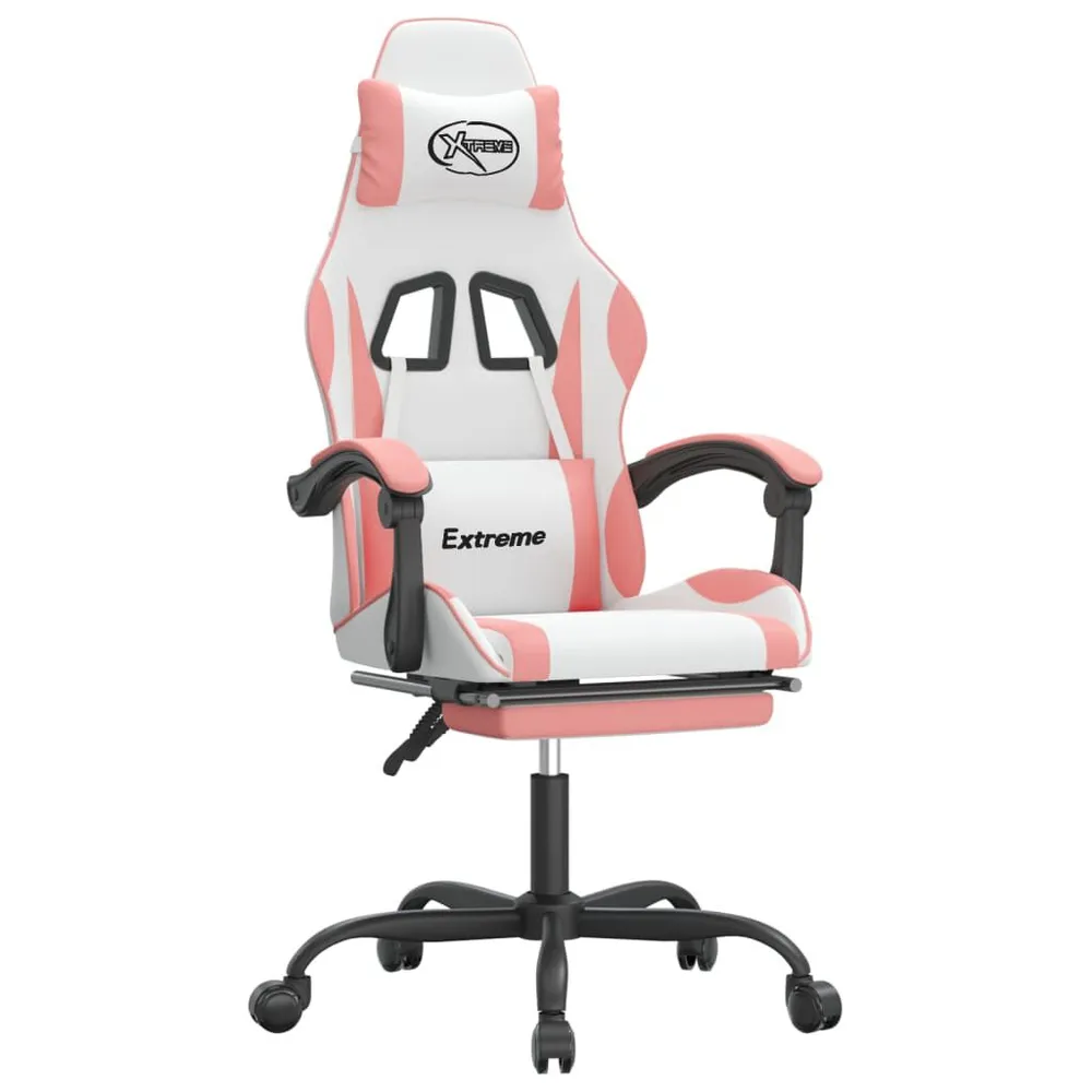 Cadeira gaming com apoio para pés couro artificial branco e rosa