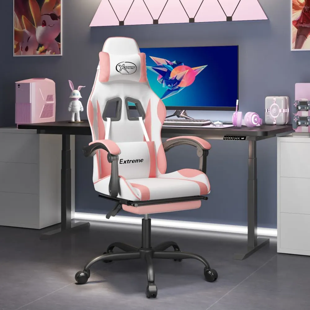 Cadeira gaming com apoio para pés couro artificial branco e rosa