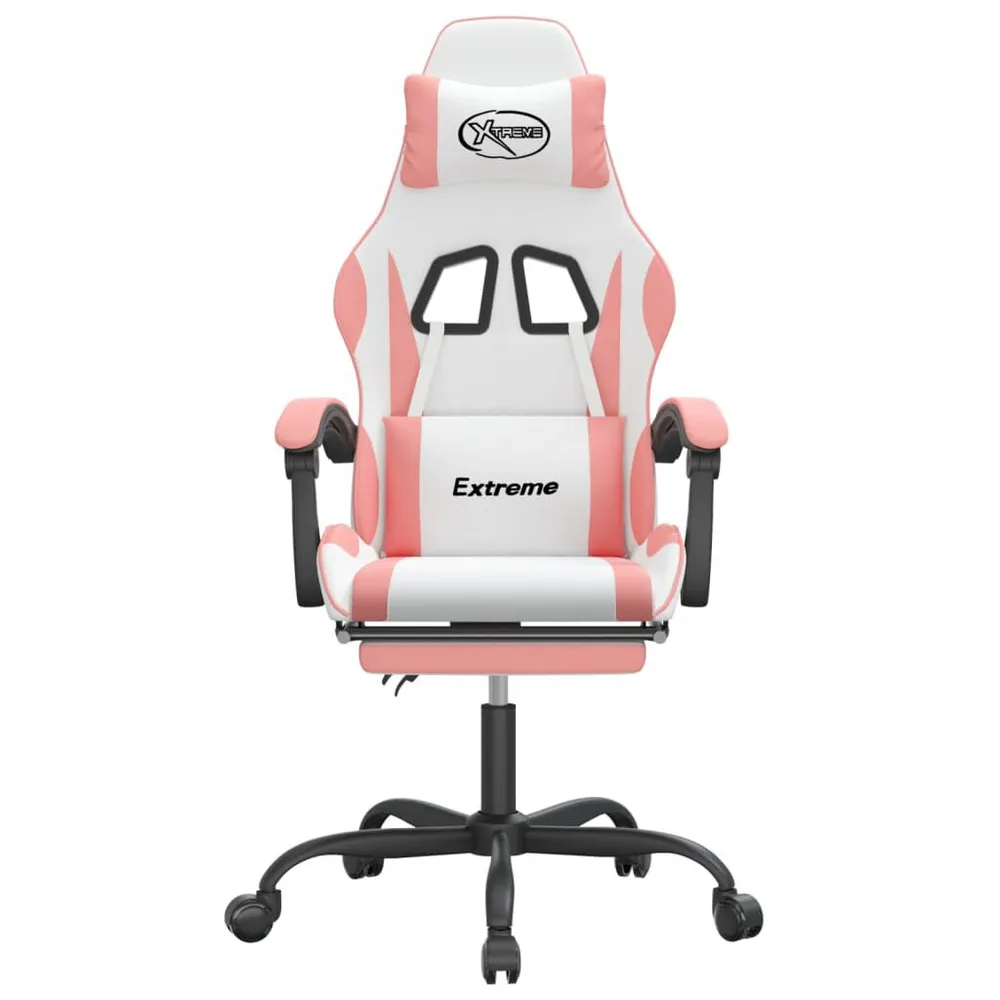 Cadeira gaming com apoio para pés couro artificial branco e rosa