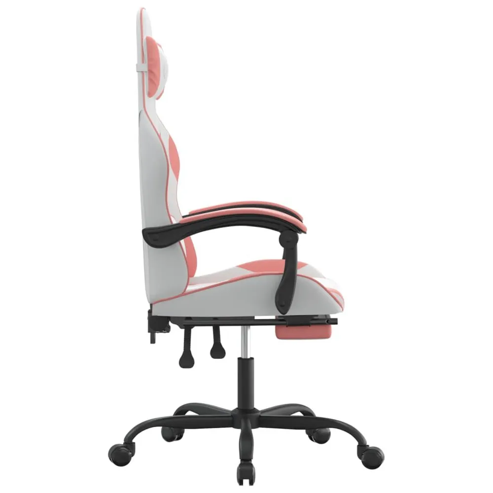 Cadeira gaming com apoio para pés couro artificial branco e rosa
