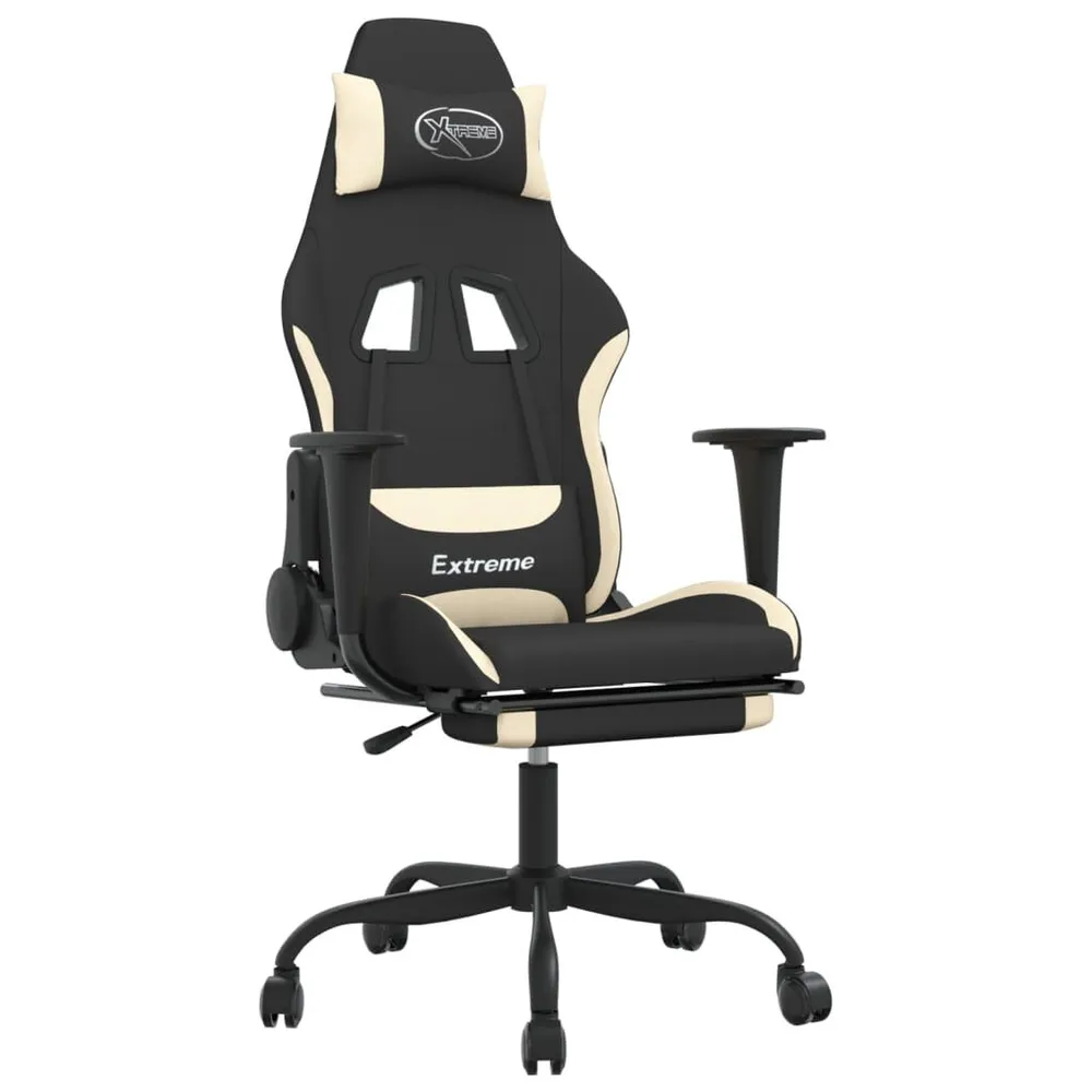 Cadeira de gaming com apoio para os pés tecido preto e creme