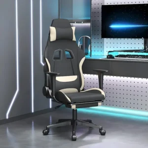 Cadeira de gaming com apoio para os pés tecido preto e creme