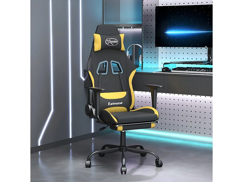 Cadeira de gaming com apoio de pés tecido preto e amarelo