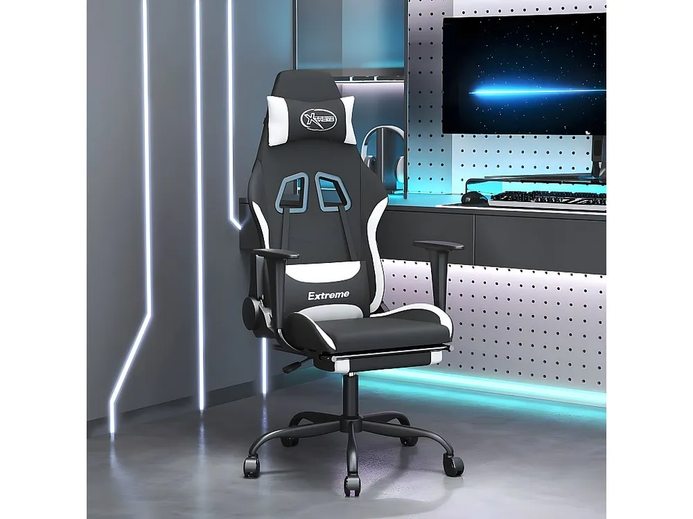 Cadeira de gaming com apoio de pés tecido preto e branco